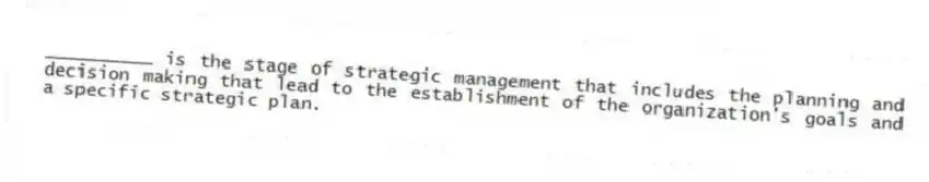 __________ is the stage of strategic management that includes the planning and decision making that lead to the establishment of the organization's goals and a specific strategic plan.
