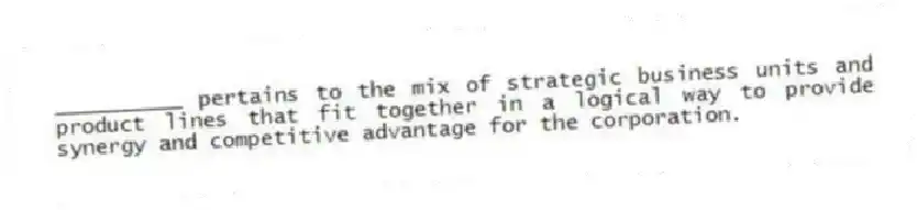 __________ pertains to the mix of strategic business units and product lines that fit together in a logical way to provide synergy and competitive advantage for the corporation.