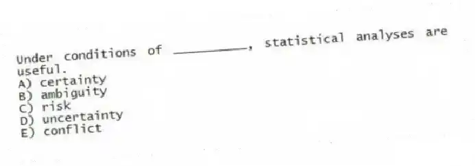 Under conditions of __________, statistical analyses are useful.
A) certainty
B) ambiguity
C) risk
D) uncertainty
E) conflict