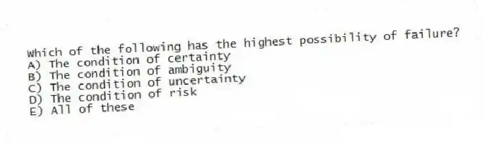 Which of the following has the highest possibility of failure?
A) The condition of certainty
B) The condition of ambiguity
C) The condition of uncertainty
D) The condition of risk
E) All of these