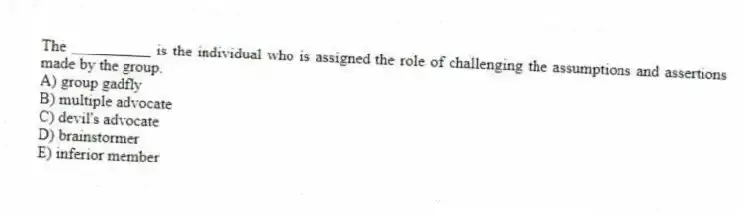 The __________ is the individual who is assigned the role of challenging the assumptions and assertions made by the group.
A) group gadfly
B) multiple advocate
C) devil's advocate
D) brainstormer
E) inferior member