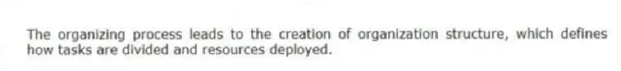 The organizing process leads to the creation of organization structure, which defines how tasks are divided and resources deployed.
