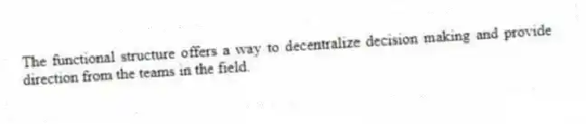 The functional structure offers a way to decentralize decision making and provide direction from the teams in the field.