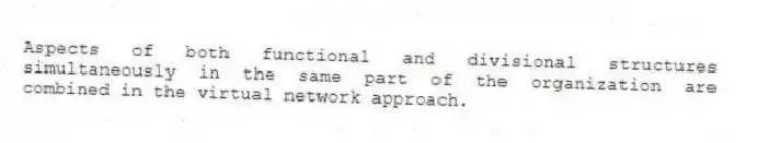 Aspects of both functional and divisional structures simultaneously in the same part of the organization are combined in the virtual network approach.