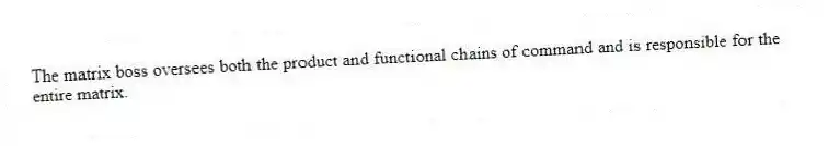 The matrix boss oversees both the product and functional chains of command and is responsible for the entire matrix.