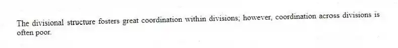 The divisional structure fosters great coordination within divisions; however, coordination across divisions is often poor.