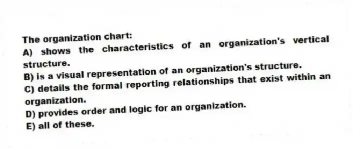 The organization chart:
A) shows the characteristics of an organization's vertical structure.
B) is a visual representation of an organization's structure.
C) details the formal reporting relationships that exist within an organization.
D) provides order and logic for an organization.
E) all of these.