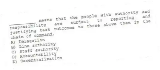 __________ means that the people with authority and responsibility are subject to reporting and justifying task outcomes to those above them in the chain of command.
A) Delegation
B) Line authority
C) Staff authority
D) Accountability
E) Decentralization