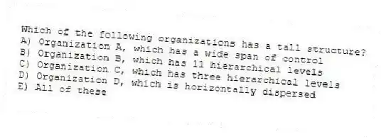 Which of the following organizations has a tall structure?
A) Organization A, which has a wide span of control
B) Organization B, which has 11 hierarchical levels
C) Organization C, which has three hierarchical levels
D) Organization D, which is horizontally dispersed
E) All of these