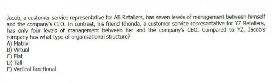 Jacob, a customer service representative for AB Retailers, has seven levels of management between himself and the company's CEO. In contrast, his friend Rhonda, a customer service representative for YZ Retailers, has only four levels of management between her and the company's CEO. Compared to YZ, Jacob's company has what type of organizational structure?
A) Matrix
B) Virtual
C) Flat
D) Tall
E) Vertical functional