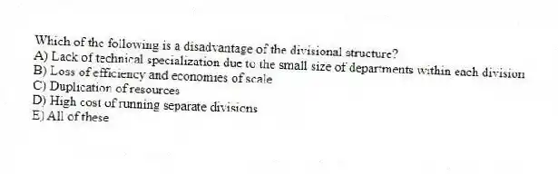 Which of the following is a disadvantage of the divisional structure?
A) Lack of technical specialization due to the small size of departments within each division
B) Loss of efficiency and economies of scale
C) Duplication of resources
D) High cost of running separate divisions
E) All of these
