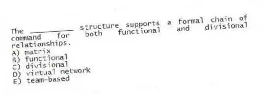 The __________ structure supports a formal chain of command for both functional and divisional relationships.
A) matrix
B) functional
C) divisional
D) virtual network
E) team-based