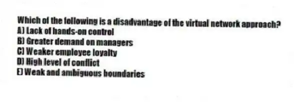 Which of the following is a disadvantage of the virtual network approach?
A) Lack of hands-on control
B) Greater demand on managers
C) Weaker employee loyalty
D) High level of conflict
E) Weak and ambiguous boundaries