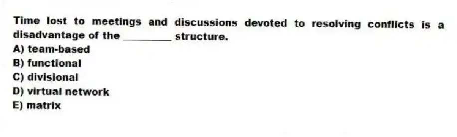 Time lost to meetings and discussions devoted to resolving conflicts is a disadvantage of the __________ structure.
A) team-based
B) functional
C) divisional
D) virtual network
E) matrix