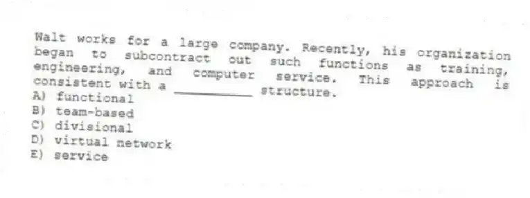 Walt works for a large company. Recently, his organization began to subcontract out such functions as training, engineering, and computer service. This approach is consistent with a __________ structure.
A) functional
B) team-based
C) divisional
D) virtual network
E) service