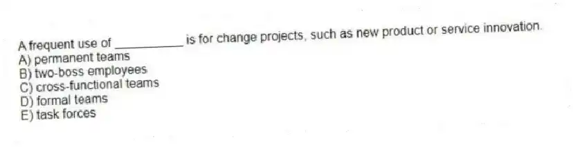 A frequent use of __________ is for change projects, such as new product or service innovation.
A) permanent teams
B) two-boss employees
C) cross-functional teams
D) formal teams
E) task forces
