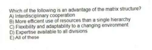Which of the following is an advantage of the matrix structure?
A) Interdisciplinary cooperation
B) More efficient use of resources than a single hierarchy
C) Flexibility and adaptability to a changing environment
D) Expertise available to all divisions
E) All of these