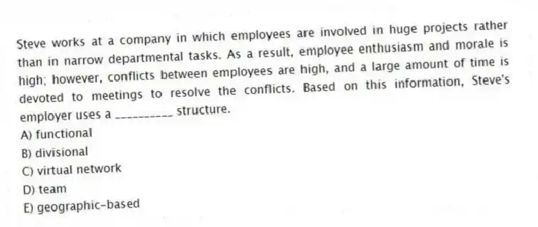 Steve works at a company in which employees are involved in huge projects rather than in narrow departmental tasks. As a result, employee enthusiasm and morale is high; however, conflicts between employees are high, and a large amount of time is devoted to meetings to resolve the conflicts. Based on this information, Steve's employer uses a __________ structure.
A) functional
B) divisional
C) virtual network
D) team
E) geographic-based