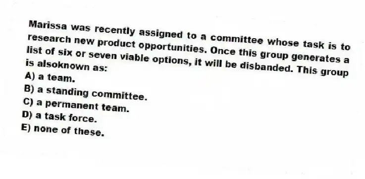 Marissa was recently assigned to a committee whose task is to research new product opportunities. Once this group generates a list of six or seven viable options, it will be disbanded. This group is alsoknown as:
A) a team.
B) a standing committee.
C) a permanent team.
D) a task force.
E) none of these.