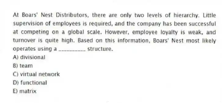 At Boars' Nest Distributors, there are only two levels of hierarchy. Little supervision of employees is required, and the company has been successful at competing on a global scale. However, employee loyalty is weak, and turnover is quite high. Based on this information, Boars' Nest most likely operates using a __________ structure.
A) divisional
B) team
C) virtual network
D) functional
E) matrix