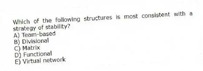 Which of the following structures is most consistent with a strategy of stability?
A) Team-based
B) Divisional
C) Matrix
D) Functional
E) Virtual network