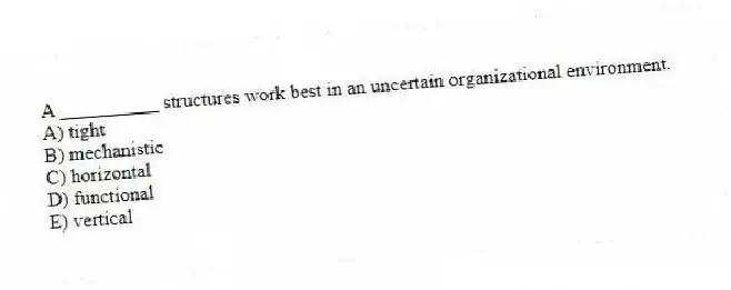A __________ structures work best in an uncertain organizational environment.
A) tight
B) mechanistic
C) horizontal
D) functional
E) vertical
