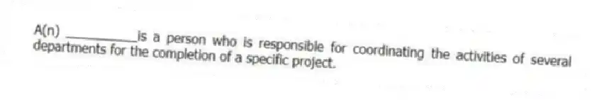 A(n) __________is a person who is responsible for coordinating the activities of several departments for the completion of a specific project.