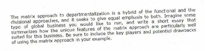 The matrix approach to departmentalization is a hybrid of the functional and the divisional approaches, and it seeks to give equal emphasis to both. Imagine some type of global business you would like to run, and write a short essay that summarizes how the unique features of the matrix approach are particularly well suited for this business. Be sure to include the key players and potential drawbacks of using the matrix approach in your example.