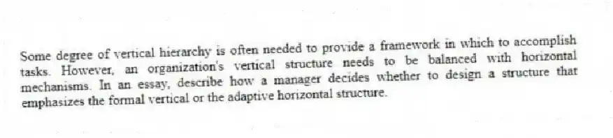 Some degree of vertical hierarchy is often needed to provide a framework in which to accomplish tasks. However, an organization's vertical structure needs to be balanced with horizontal mechanisms. In an essay, describe how a manager decides whether to design a structure that emphasizes the formal vertical or the adaptive horizontal structure.