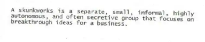 A skunkworks is a separate, small, informal, highly autonomous, and often secretive group that focuses on breakthrough ideas for a business.