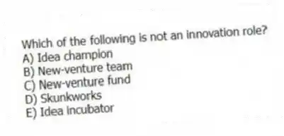 Which of the following is not an innovation role?
A) Idea champion
B) New-venture team
C) New-venture fund
D) Skunkworks
E) Idea incubator