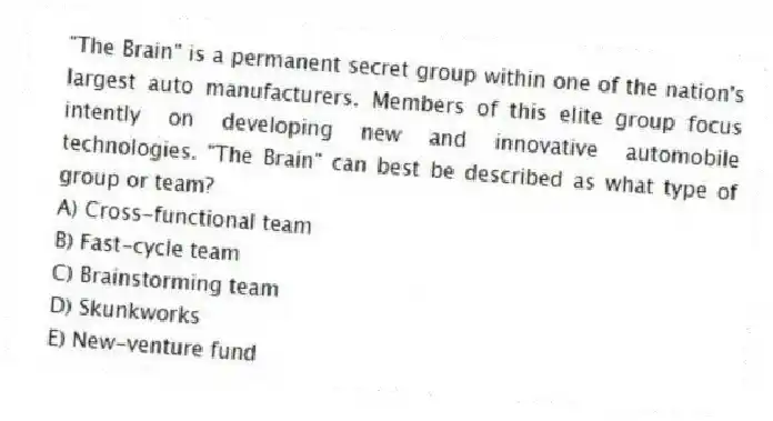 "The Brain" is a permanent secret group within one of the nation's largest auto manufacturers. Members of this elite group focus intently on developing new and innovative automobile technologies. "The Brain" can best be described as what type of group or team?
A) Cross-functional team
B) Fast-cycle team
C) Brainstorming team
D) Skunkworks
E) New-venture fund