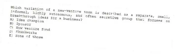 Which variation of a new-venture team is described as a separate, small, informal, highly autonomous, and often secretive group that focuses on breakthrough ideas for a business?
A) Idea champion
B) Sponsor
C) New-venture fund
D) Skunkworks
E) None of these