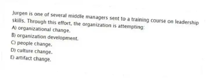 Jurgen is one of several middle managers sent to a training course on leadership skills. Through this effort, the organization is attempting:
A) organizational change.
B) organization development.
C) people change.
D) culture change.
E) artifact change.