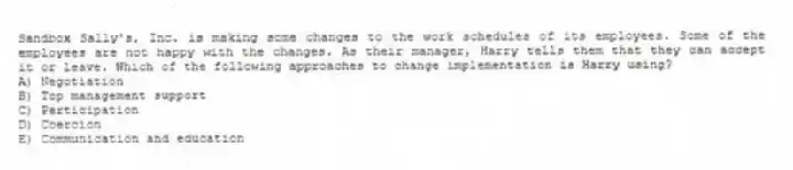 Sandbox Sally's, Inc. is making some changes to the work schedules of its employees. Some of the employees are not happy with the changes. As their manager, Harry tells them that they can accept it or leave. Which of the following approaches to change implementation is Harry using?
A) Negotiation
B) Top management support
C) Participation
D) Coercion
E) Communication and education
