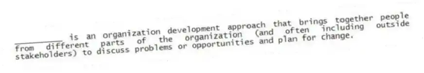 __________ is an organization development approach that brings together people from different parts of the organization (and often including outside stakeholders) to discuss problems or opportunities and plan for change.