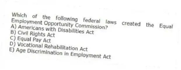 Which of the following federal laws created the Equal Employment Opportunity Commission?
A) Americans with Disabilities Act
B) Civil Rights Act
C) Equal Pay Act
D) Vocational Rehabilitation Act
E) Age Discrimination in Employment Act