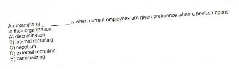 An example of __________ is when current employees are given preference when a position opens in their organization.
A) discrimination
B) internal recruiting
C) nepotism
D) external recruiting
E) cannibalizing