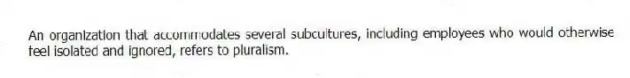 An organization that accommodates several subcultures, including employees who would otherwise feel isolated and ignored, refers to pluralism.