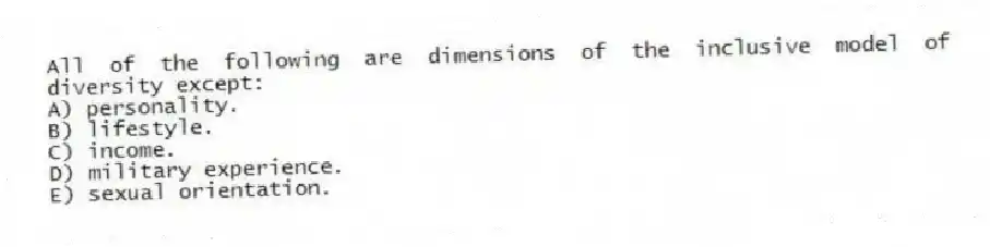 All of the following are dimensions of the inclusive model of diversity except:
A) personality.
B) lifestyle.
C) income.
D) military experience.
E) sexual orientation.