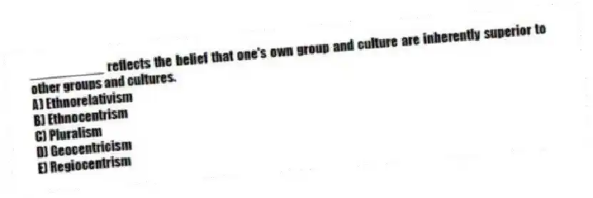 __________ reflects the belief that one's own group and culture are inherently superior to other groups and cultures.
A) Ethnorelativism
B) Ethnocentrism
C) Pluralism
D) Geocentricism
E) Regiocentrism