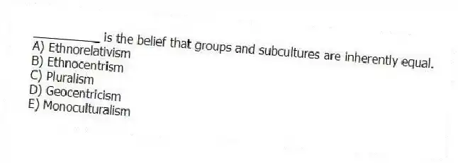 __________ is the belief that groups and subcultures are inherently equal.
A) Ethnorelativism
B) Ethnocentrism
C) Pluralism
D) Geocentricism
E) Monoculturalism