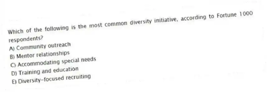 Which of the following is the most common diversity initiative, according to Fortune 1000 respondents?
A) Community outreach
B) Mentor relationships
C) Accommodating special needs
D) Training and education
E) Diversity-focused recruiting