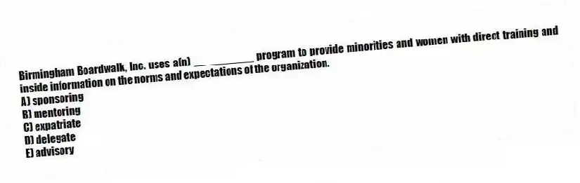 Birmingham Boardwalk, Inc. uses a(n) __________ program to provide minorities and women with direct training and inside information on the norms and expectations of the organization.
A) sponsoring
B) mentoring
C) expatriate
D) delegate
E) advisory