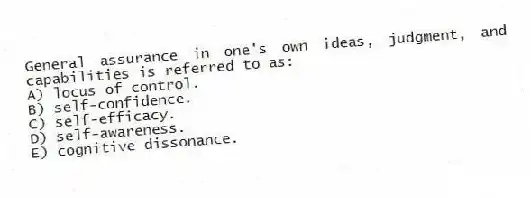 General assurance in one's own ideas, judgment, and capabilities is referred to as:
A) locus of control.
B) self-confidence.
C) self-efficacy.
D) self-awareness.
E) cognitive dissonance.