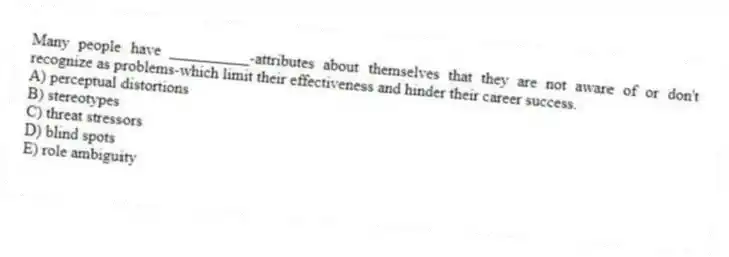 Many people have __________-attributes about themselves that they are not aware of or don't recognize as problems-which limit their effectiveness and hinder their career success.
A) perceptual distortions
B) stereotypes
C) threat stressors
D) blind spots
E) role ambiguity