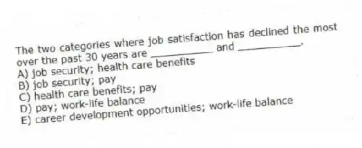 The two categories where job satisfaction has declined the most over the past 30 years are __________ and __________.
A) job security; health care benefits
B) job security; pay
C) health care benefits; pay
D) pay; work-life balance
E) career development opportunities; work-life balance