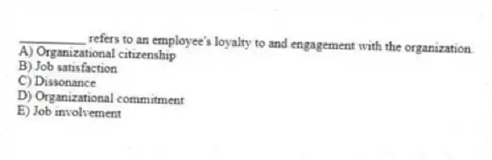 __________ refers to an employee's loyalty to and engagement with the organization.
A) Organizational citizenship
B) Job satisfaction
C) Dissonance
D) Organizational commitment
E) Job involvement