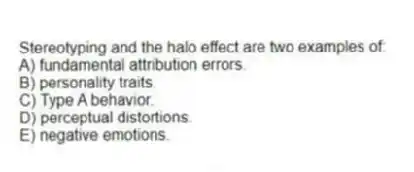 Stereotyping and the halo effect are two examples of:
A) fundamental attribution errors.
B) personality traits.
C) Type A behavior.
D) perceptual distortions.
E) negative emotions.