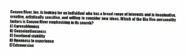 Canyon River, Inc. is looking for an individual who has a broad range of interests and is imaginative, creative, artistically sensitive, and willing to consider new ideas. Which of the Big Five personality factors is Canyon River emphasizing in its search?
A) Agreeableness
B) Conscientiousness
C) Emotional stability
D) Openness to experience
E) Extroversion